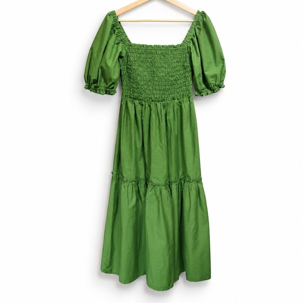 Abercrombie & Fitch Emerson Poplin Puff Sleeve Midi Tiered Dress Green Cottage S